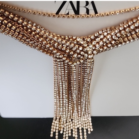 ZARA Rhinestone Necktie Necklace Goldtone NWT - Picture 4 of 9